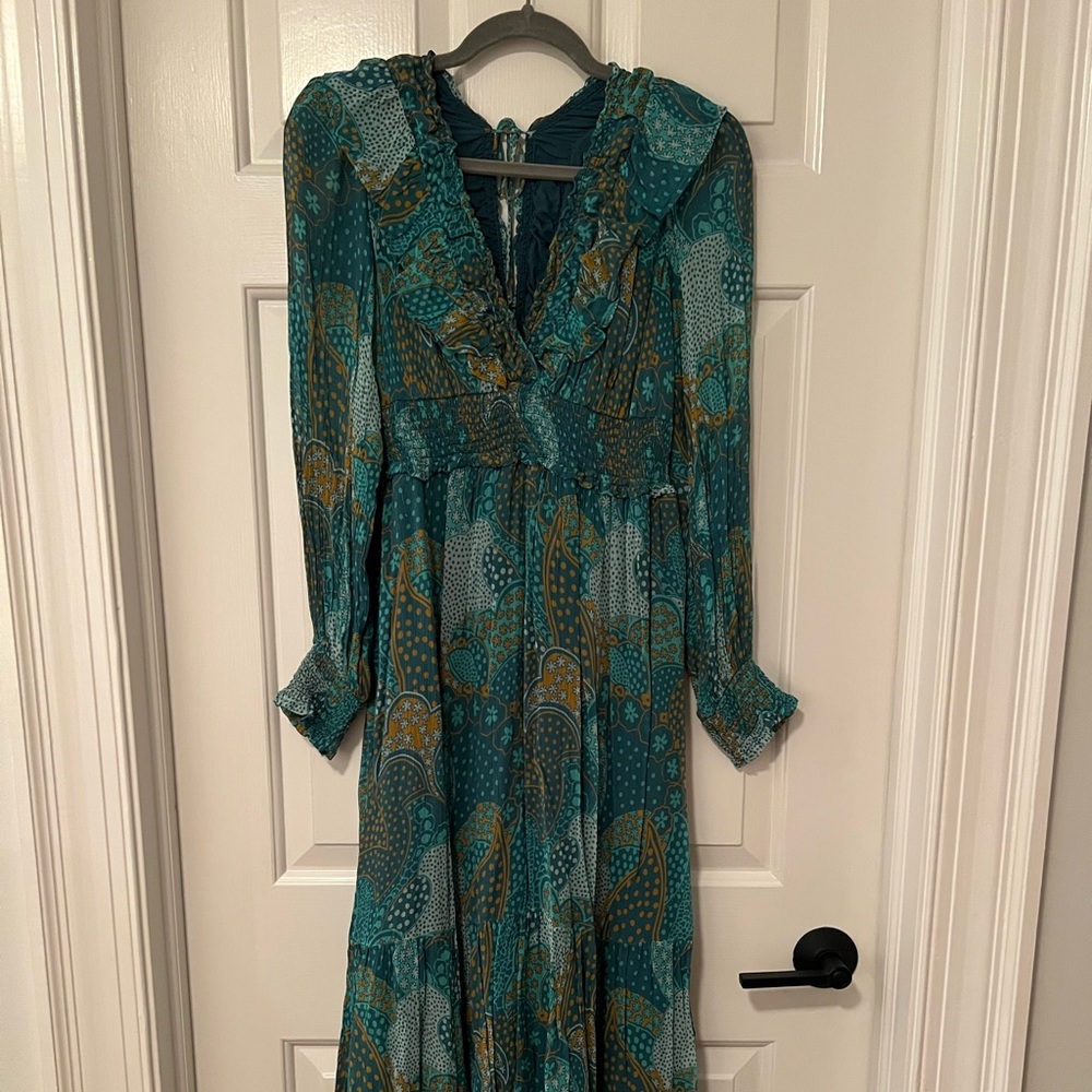 Anthropologie Teal and Gold Long Sleeve Dress